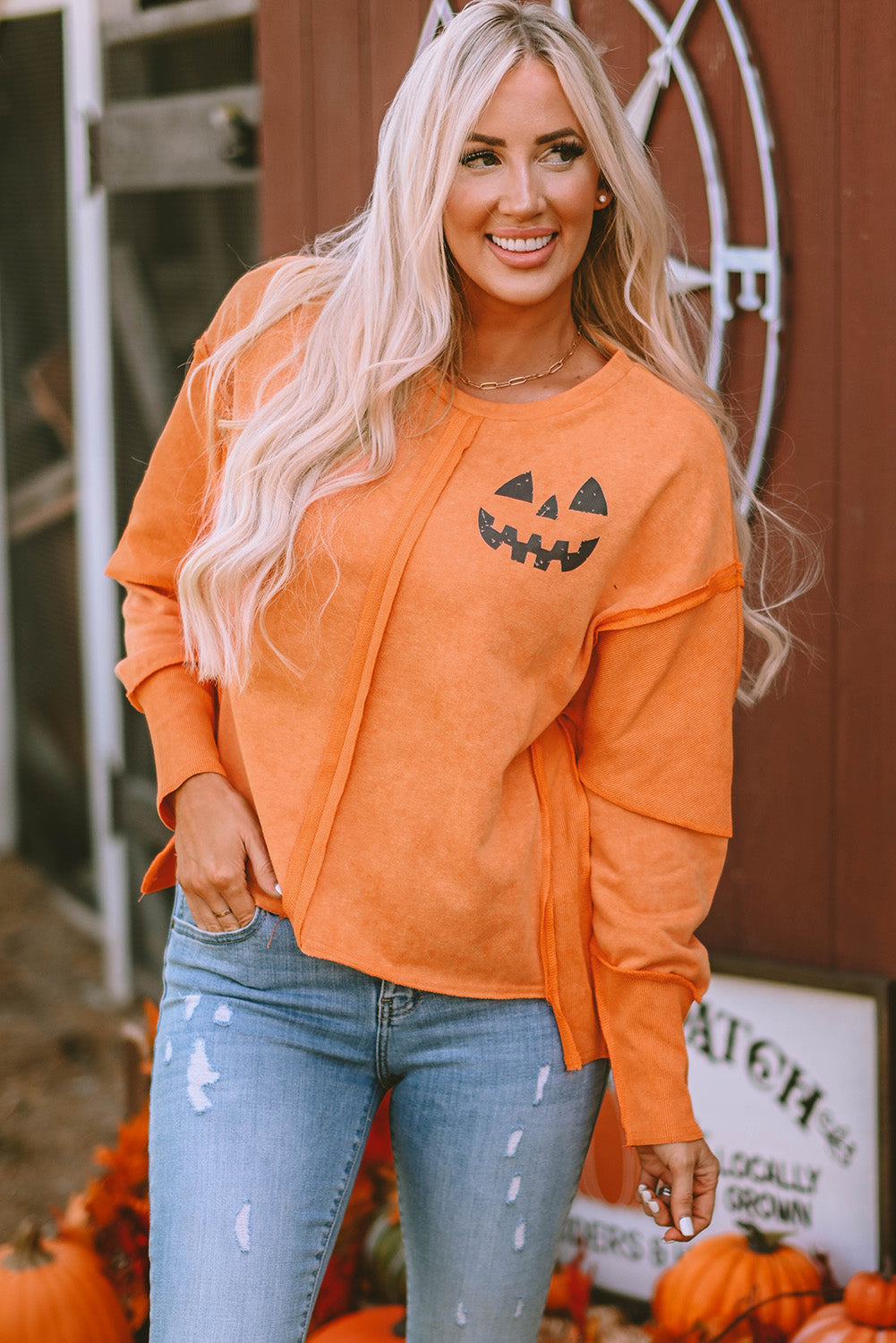 Orange Halloween Pumpkin Face Exposed Seam Patchwork Sweatshirt Orange 75%Polyester+25%Cotton Graphic Sweatshirts JT's Designer Fashion