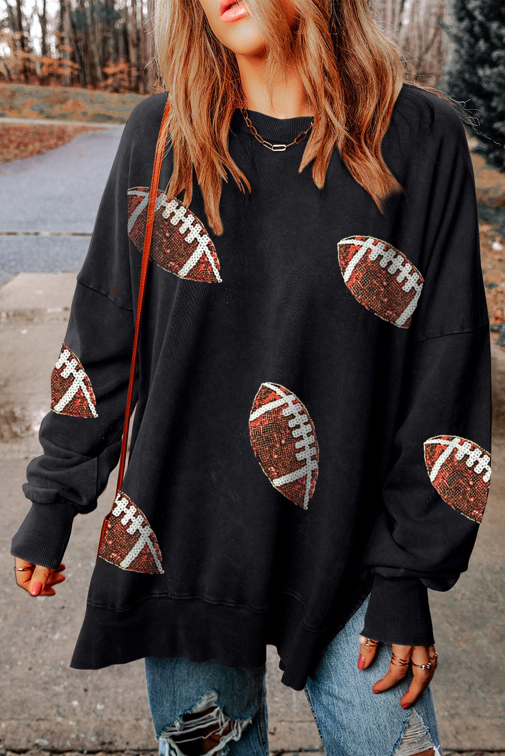 Black Rugby Print Side Split Loose Fit Sweatshirt Black 75%Polyester+25%Cotton Graphic Sweatshirts JT's Designer Fashion