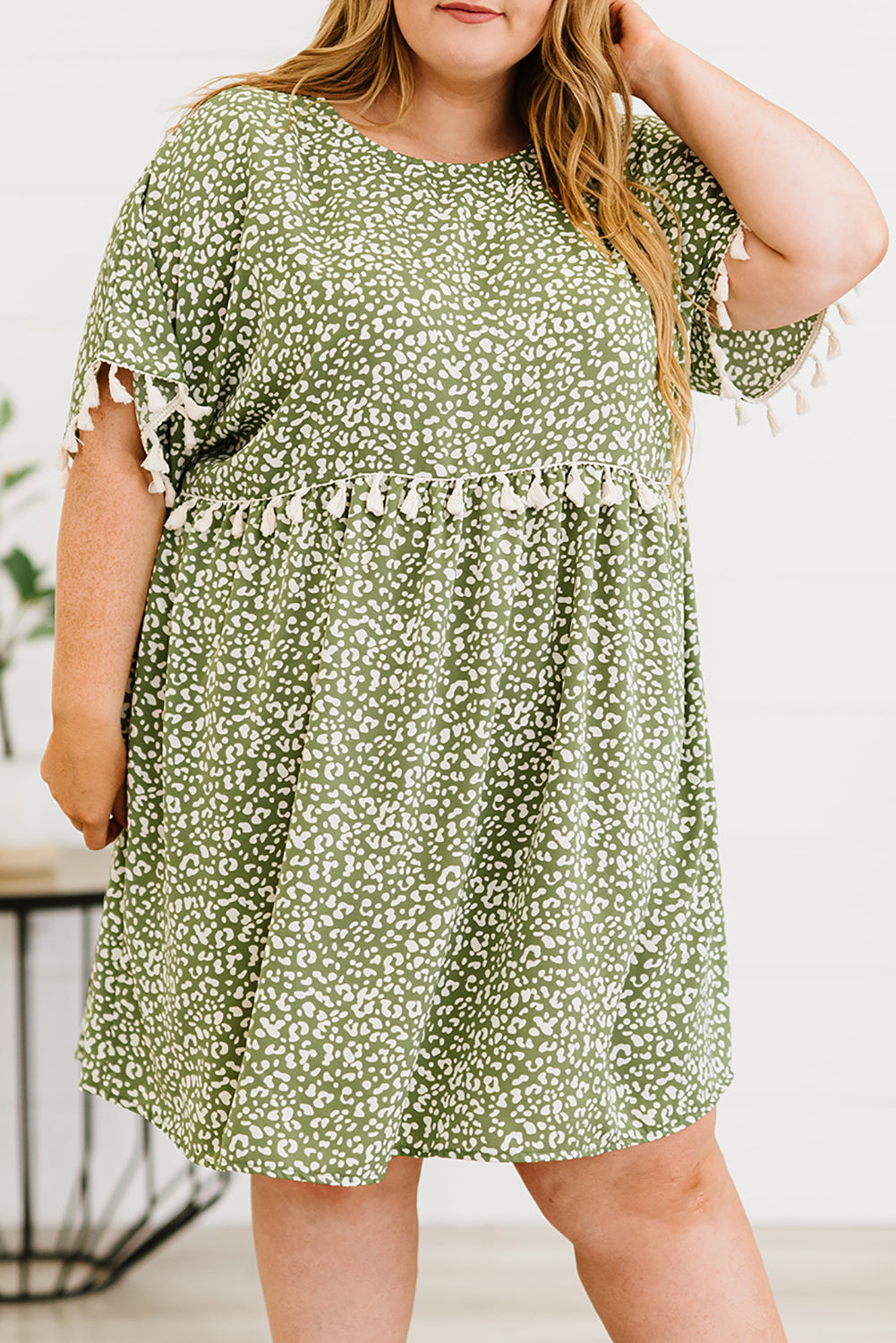 Green Plus size Leopard Tassel Dress Green 100%Polyester Plus Size Dresses JT's Designer Fashion