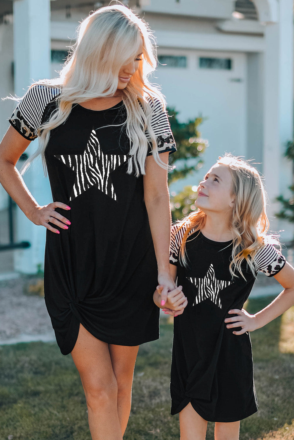 Black Zebra Star Print Striped Short Sleeve Mini Dress Family Dress JT's Designer Fashion
