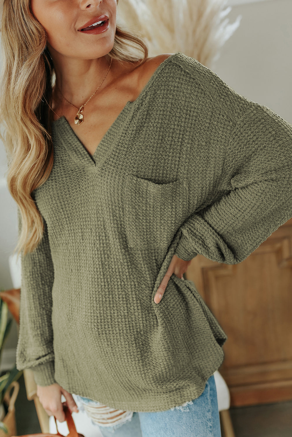 Green Waffle Knit Split Neck Pocketed Loose Top Long Sleeve Tops JT's Designer Fashion