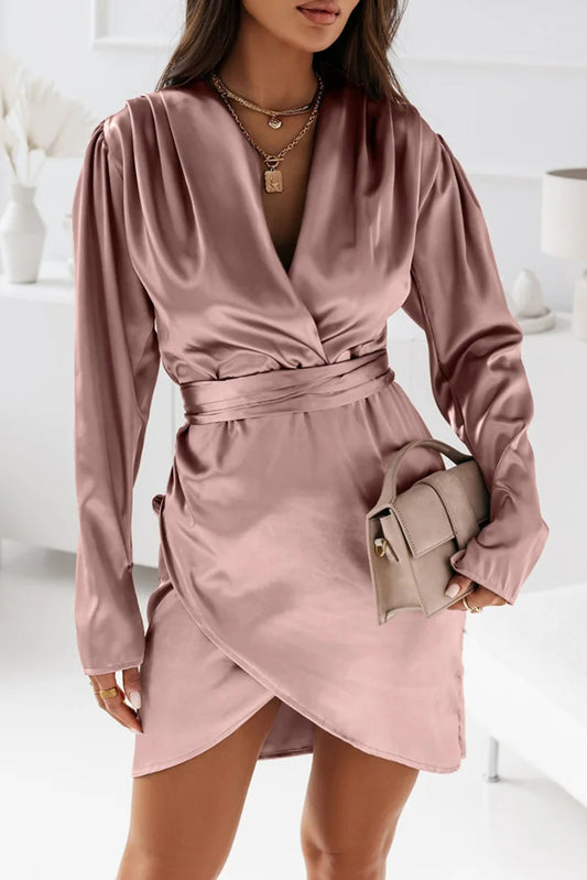Pink Satin Ruched V-neck Wrapped Mini Dress Dresses JT's Designer Fashion