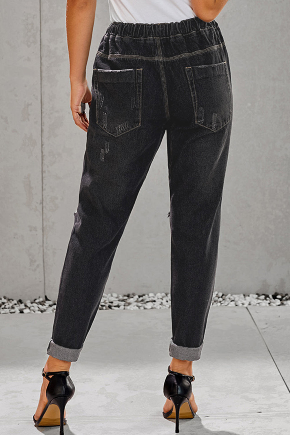 Black Gather Round Distressed Pocketed Denim Jogger Jeans JT's Designer Fashion