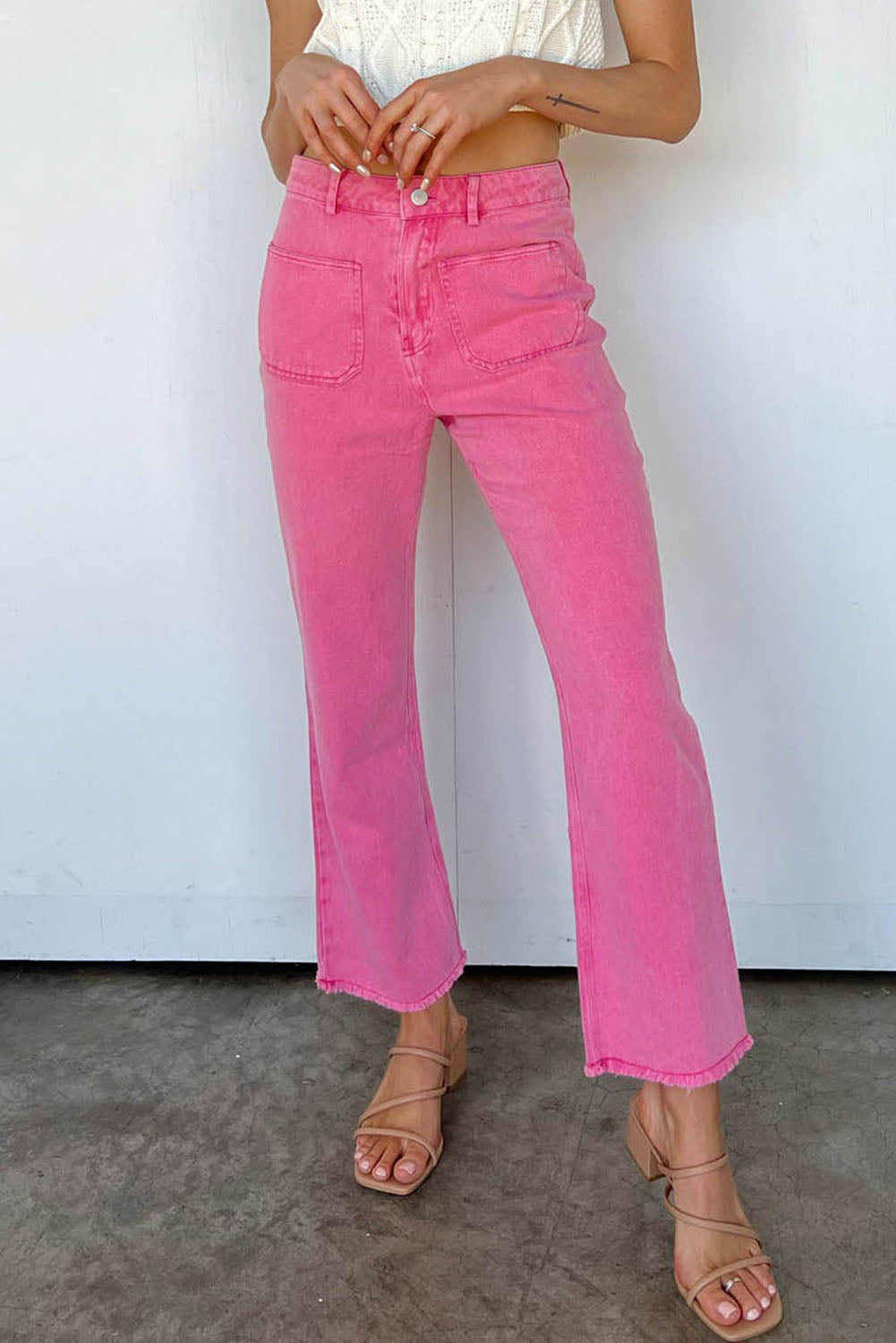 Barbie Style Pink Ankle-length Flare Leg Raw Hem Jeans Pink 98%Cotton+2%Elastane Jeans JT's Designer Fashion