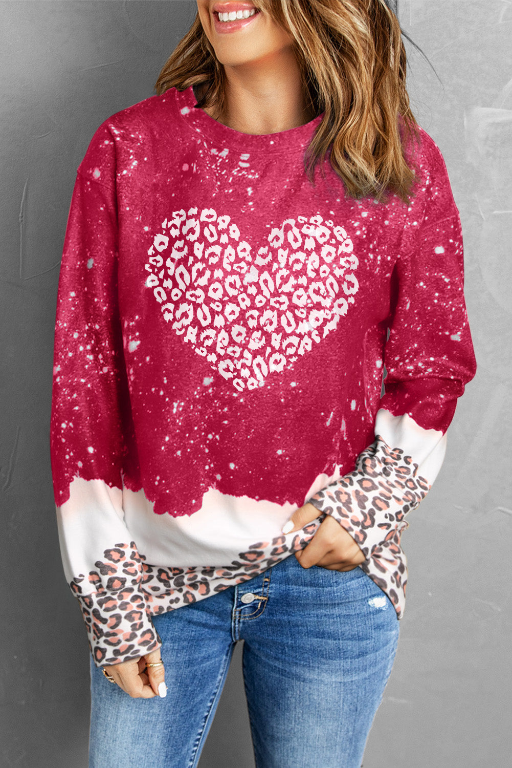 Fiery Red Leopard Bleached Heart Graphic Pullover Sweatshirt Graphic Sweatshirts JT's Designer Fashion