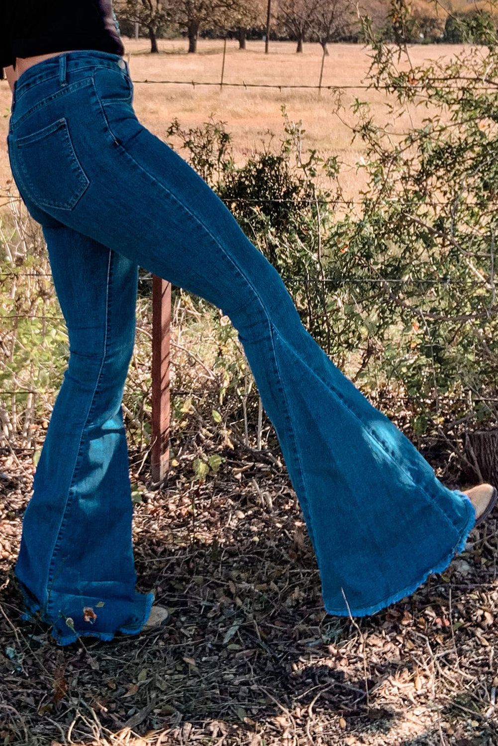 Blue Asymmetrical Dark Wash Bell Bottom Jeans Jeans JT's Designer Fashion