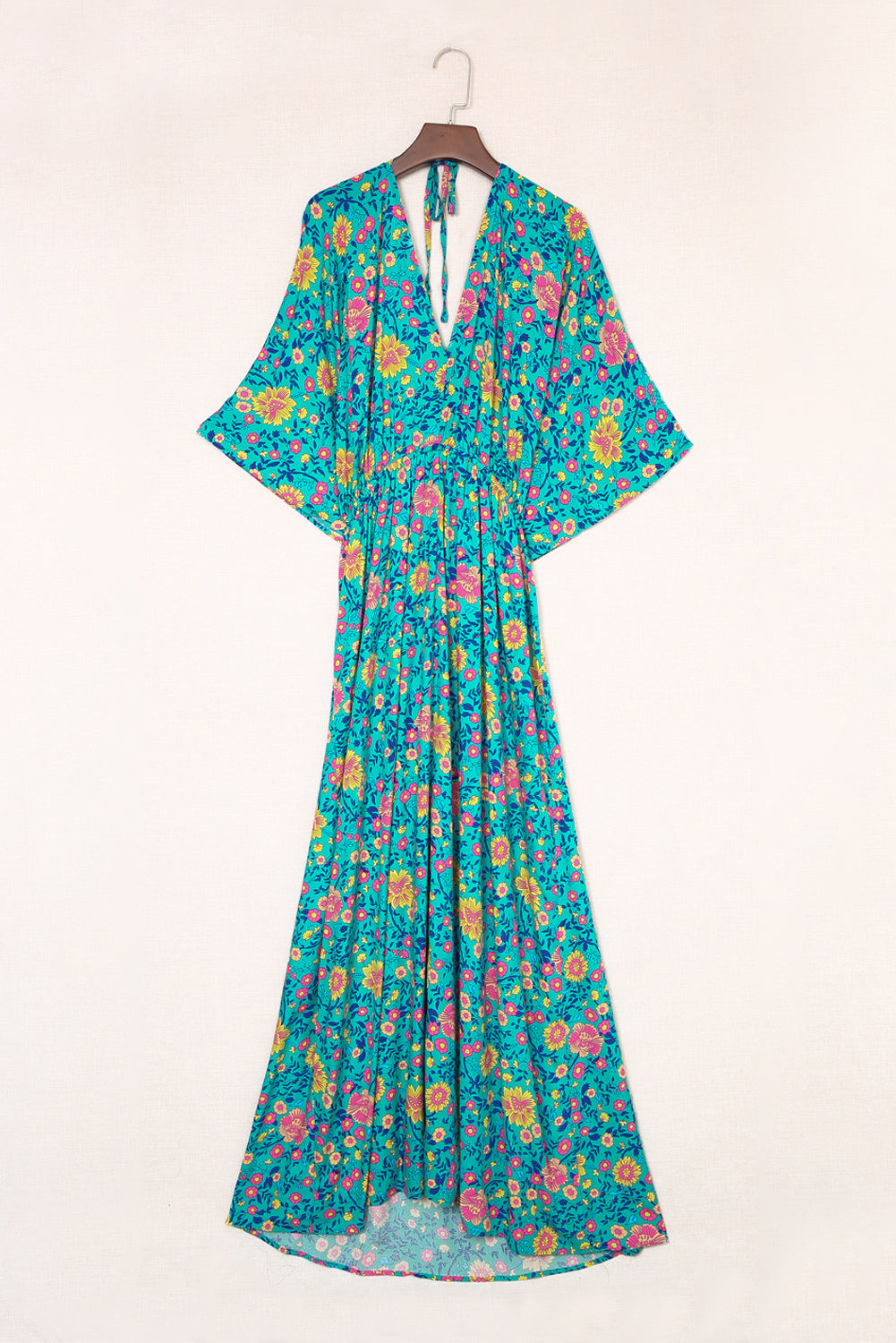 Green Boho Deep V Neck Floral Maxi Dress Floral Dresses JT's Designer Fashion