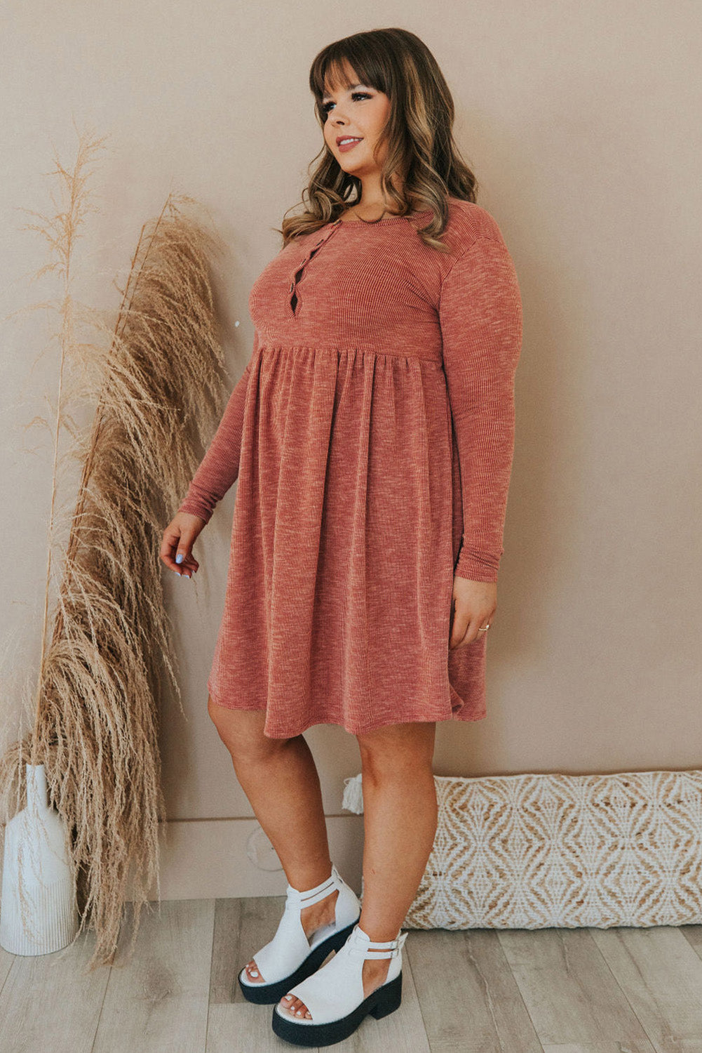 Red Plus Size Mineral Washed Ribbed Henley Dress Plus Size Dresses JT's Designer Fashion