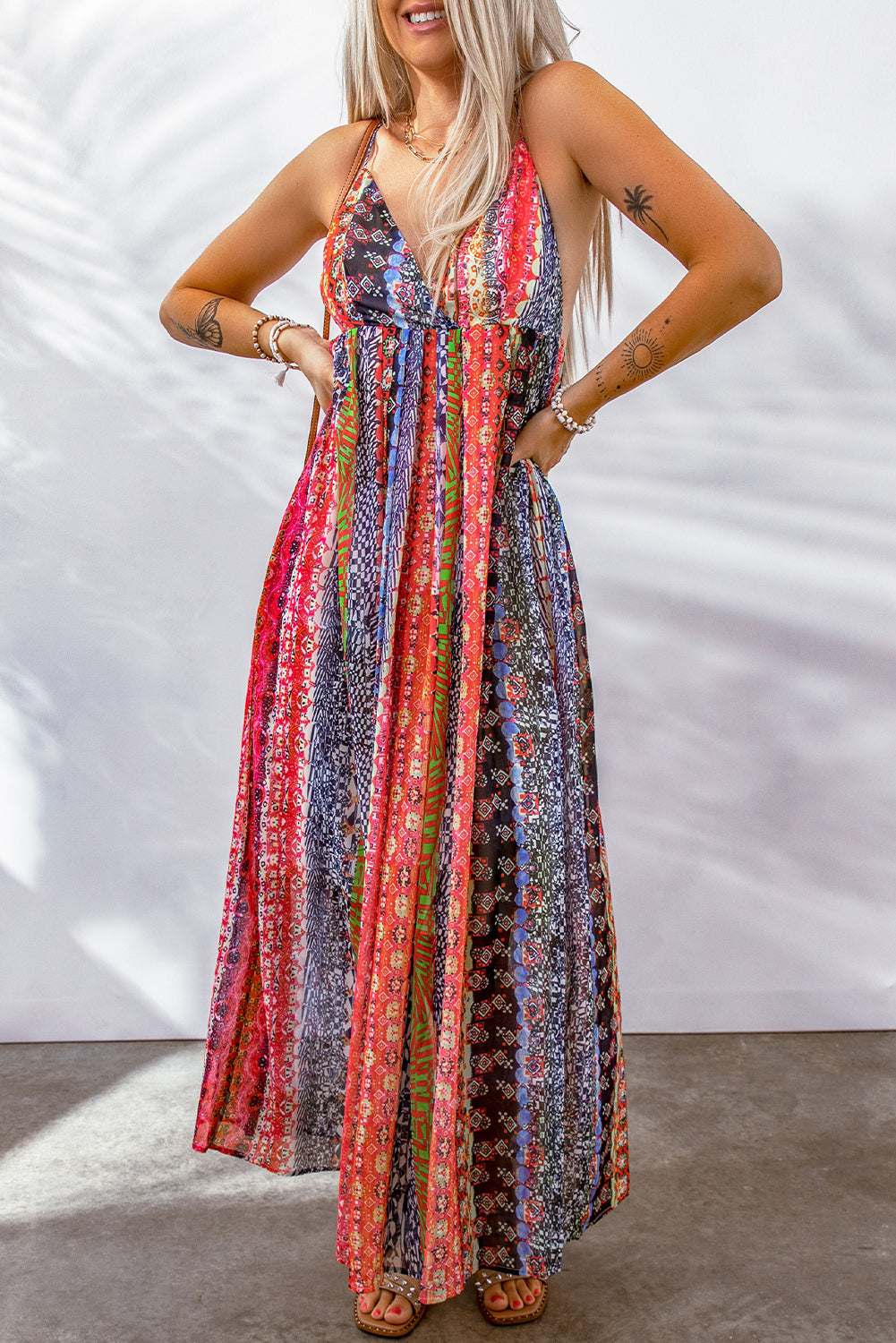 Multicolor Sling V-Neck Backless Boho Maxi Dress Maxi Dresses JT's Designer Fashion