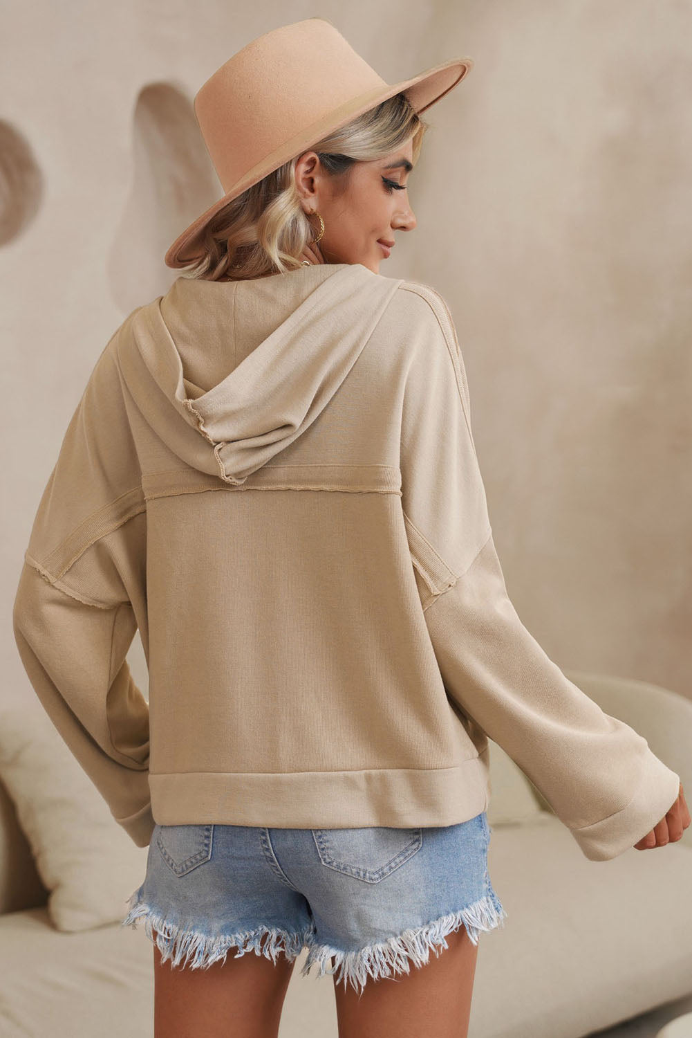 Khaki Casual Button Solid Patchwork Trim Hoodie Sweatshirts & Hoodies JT's Designer Fashion