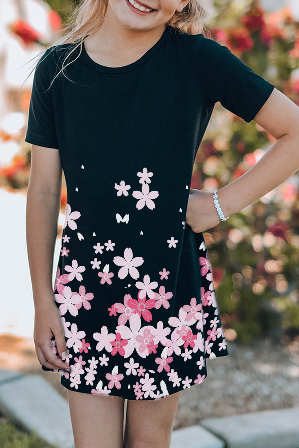 Black Family Matching Girl's Cherry Blossoms Print T Shirt Mini Dress Black 60%Polyester+35%Viscose+5%Elastane Family Dress JT's Designer Fashion