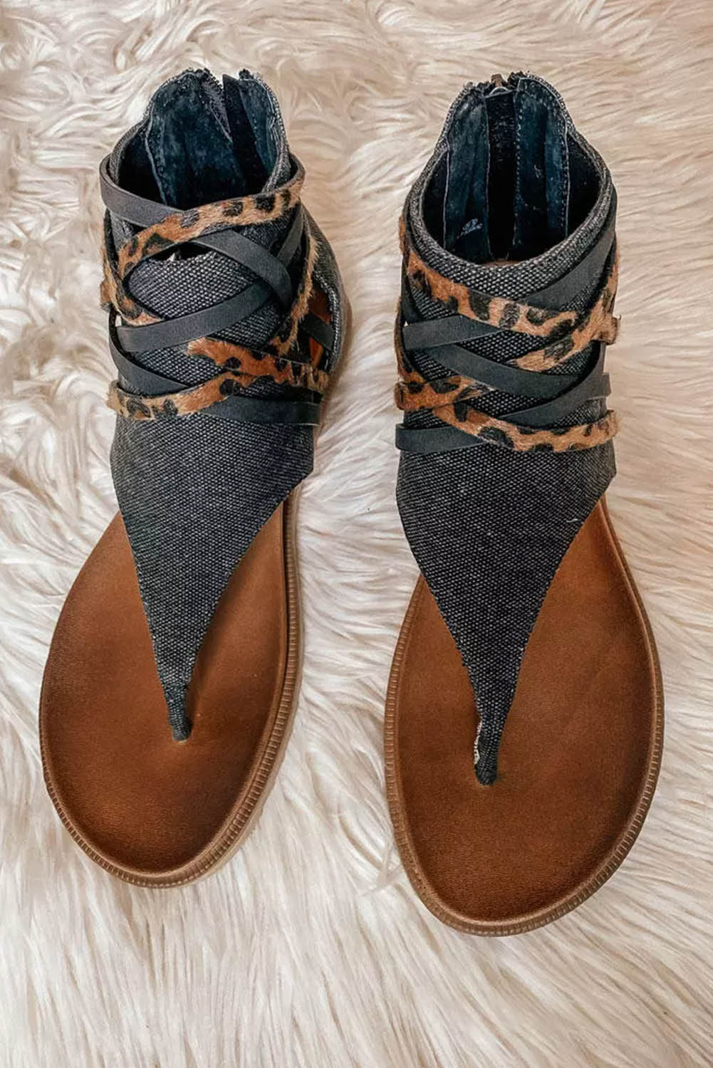 Black Leopard Strappy Canvas Sparta Sandals Sandals JT's Designer Fashion