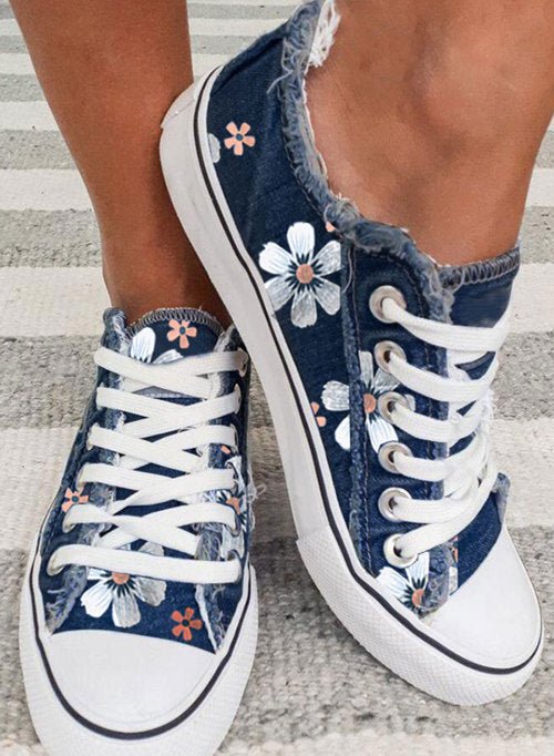 Blue Floral Print Lace-up Canvas Sneakers Women's Shoes JT's Designer Fashion