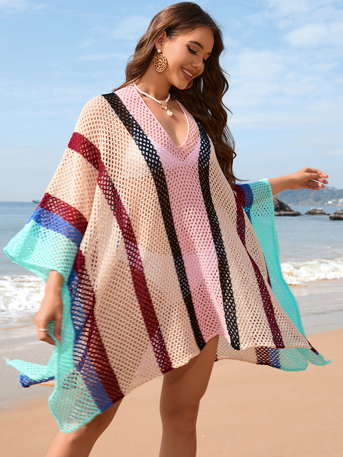 Openwork Color Block Plunge Cover-Up Beach Cover-ups JT's Designer Fashion