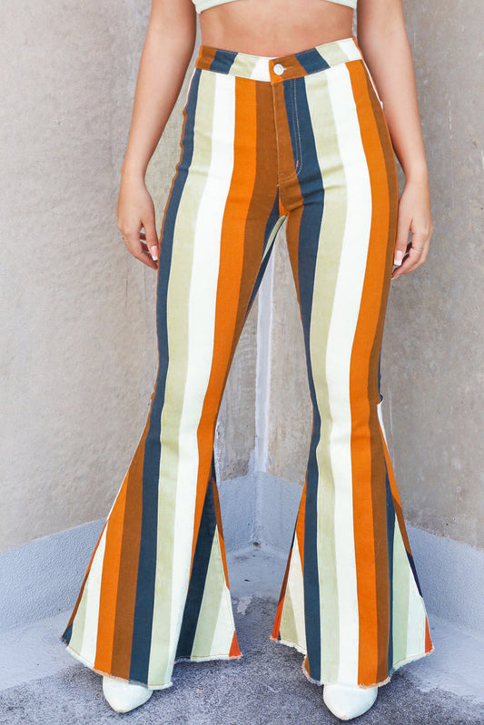 Multicolor Striped Print High Waist Flare Denim Pants Multicolor 98%Cotton+2%Elastane Jeans JT's Designer Fashion