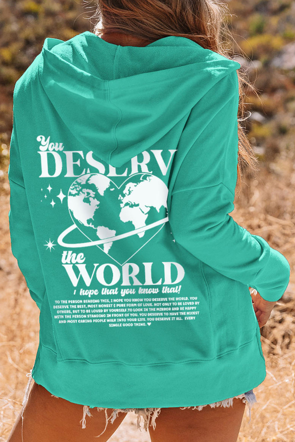 You Deserve The World Print Henley Hoodie Sky Blue 50%Polyester+50%Cotton Graphic Sweatshirts JT's Designer Fashion
