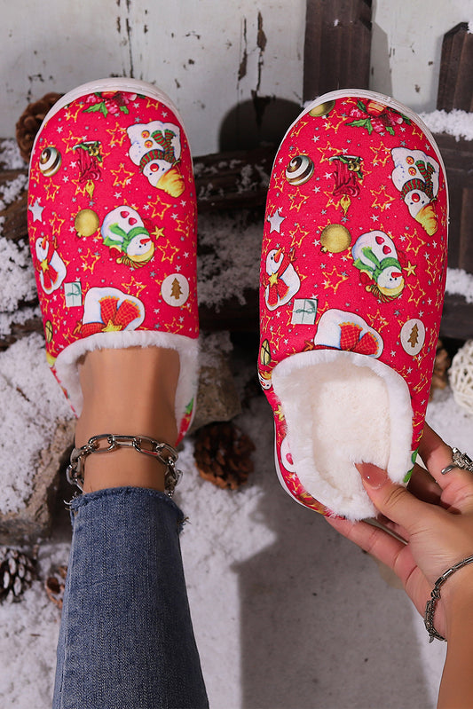Fiery Red Christmas Cartoon Snowman Print Fuzzy Winter Slippers Slippers JT's Designer Fashion