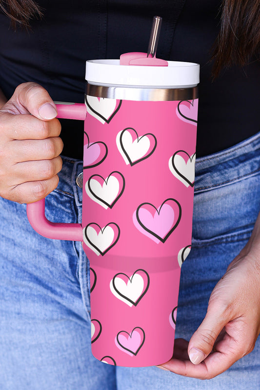 Rose Red Valentines Heart Printed Thermos Cup with Handle Tumblers JT's Designer Fashion