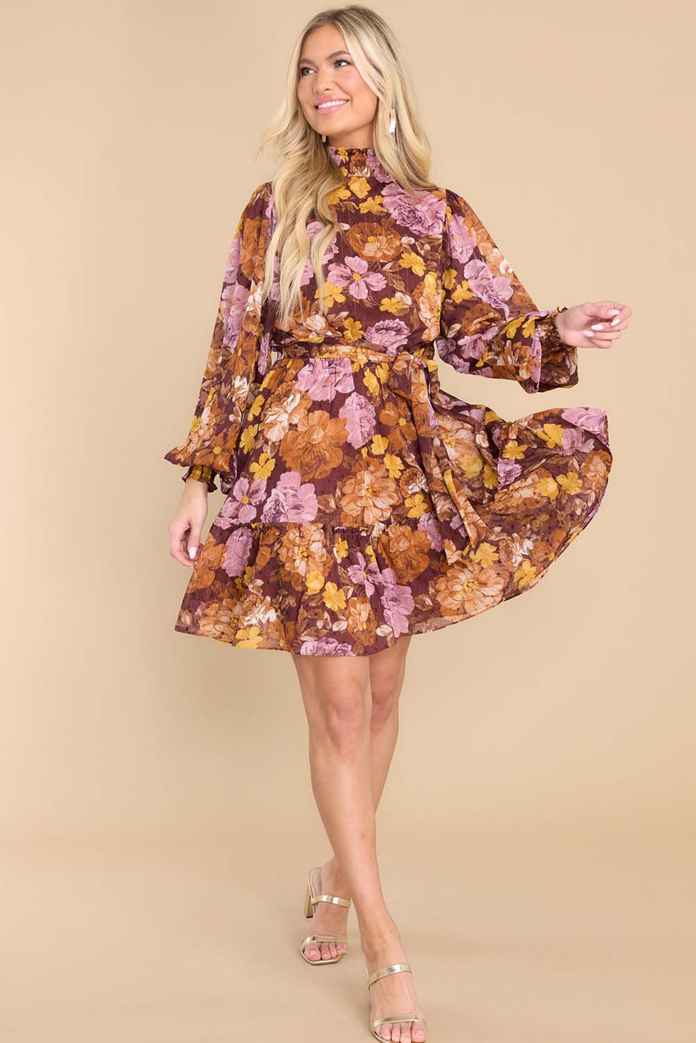 Multicolor Shirred High Neck Lace-up High Waist Floral Dress Dresses JT's Designer Fashion