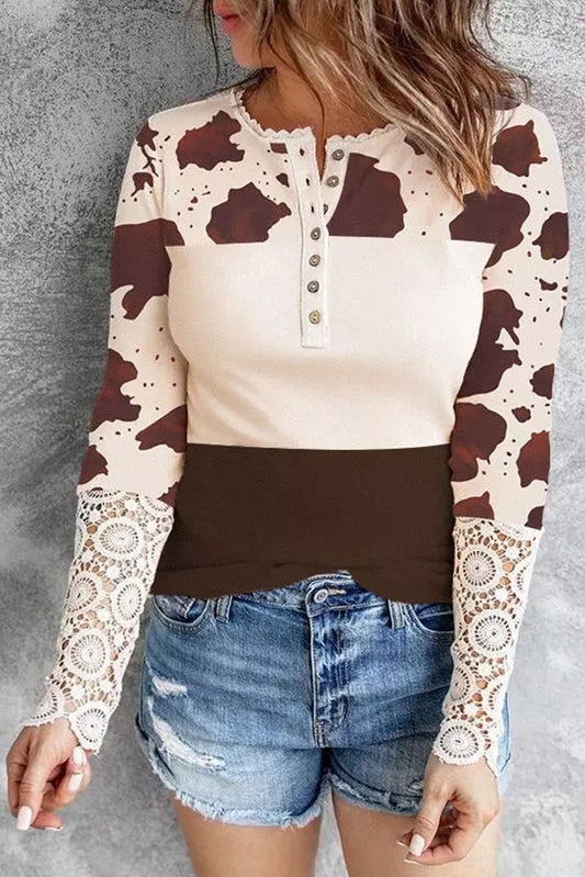 Apricot Cow Print Lace Cuff Long Sleeve Henley Top Apricot 65%Polyester+30%Cotton+5%Elastane Long Sleeve Tops JT's Designer Fashion