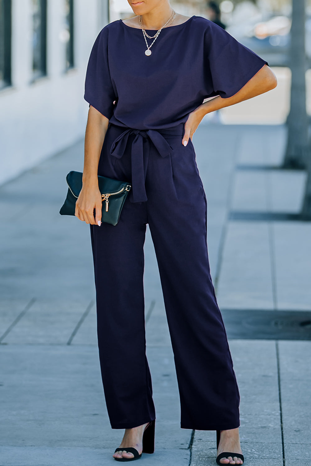 Blue Oh So Glam Belted Wide Leg Jumpsuit Blue 95%Polyester+5%Spandex Jumpsuits & Rompers JT's Designer Fashion