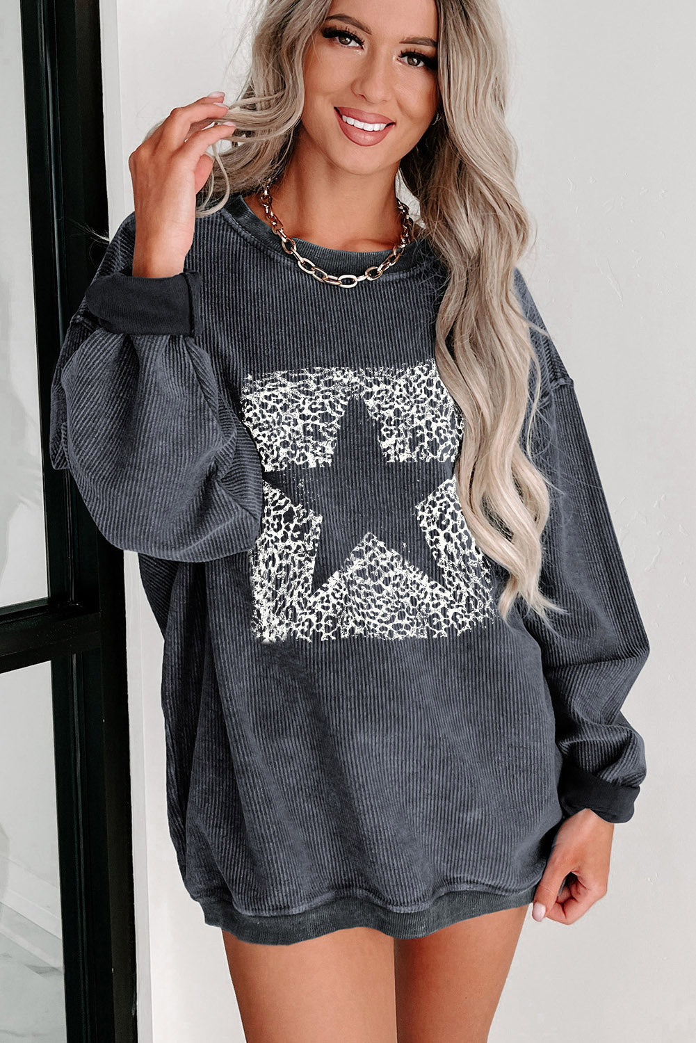 Gray Leopard Star Graphic Corded Sweatshirt Graphic Sweatshirts JT's Designer Fashion