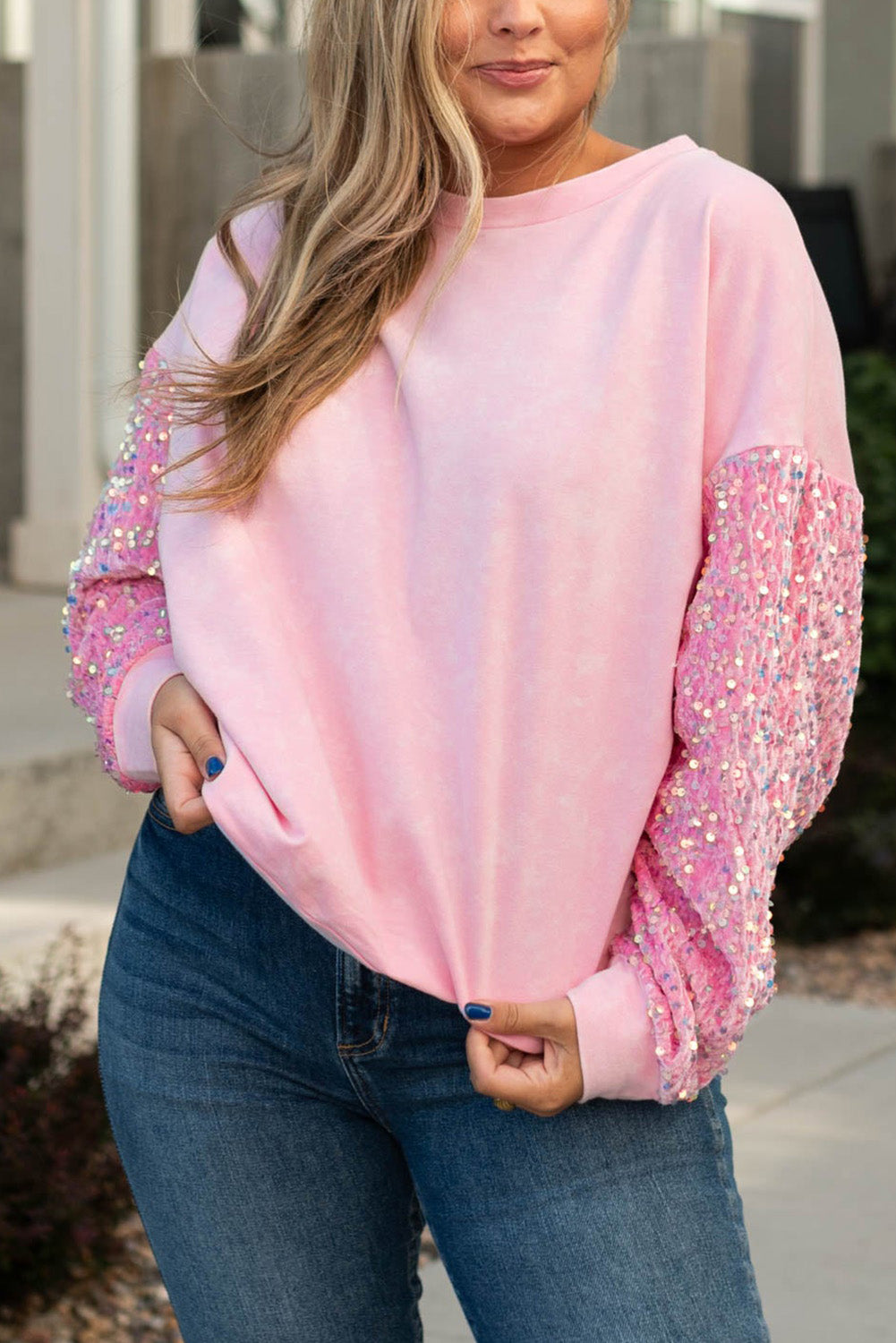 Pink Plus Size Sequin Sleeve Drop Shoulder Sweatshirt Pre Order Plus Size JT's Designer Fashion