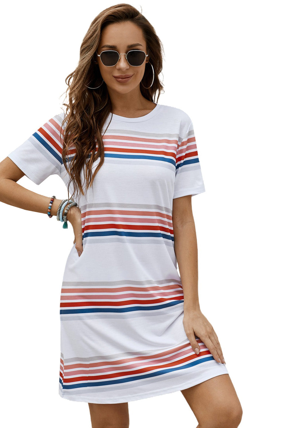 Striped Print Round Neck T-shirt Mini Dress