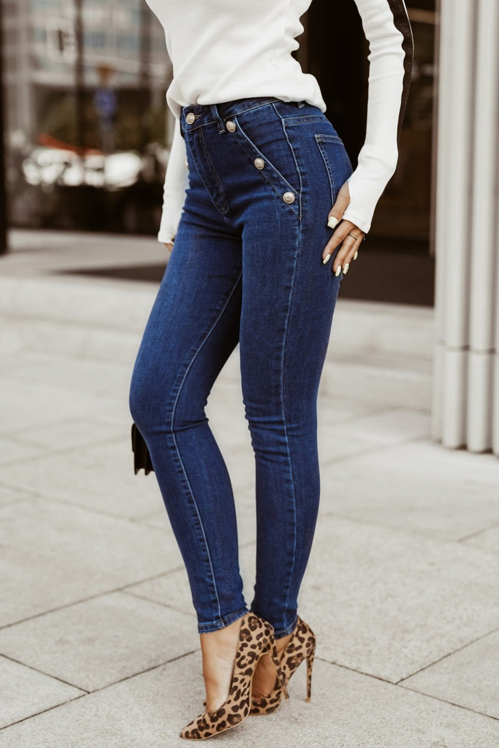 Blue Buttons Pockets High Waist Skinny Jeans Jeans JT's Designer Fashion