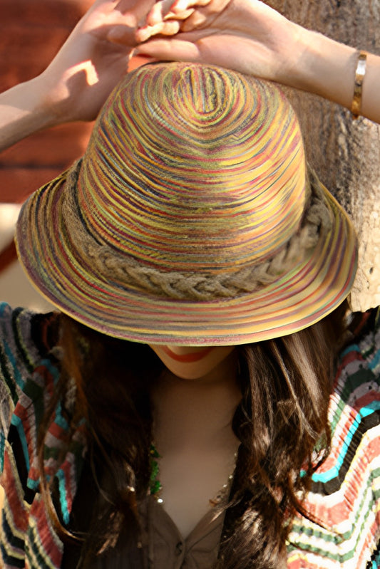 Khaki Striped Straw Boho Beach Hat Hats & Caps JT's Designer Fashion
