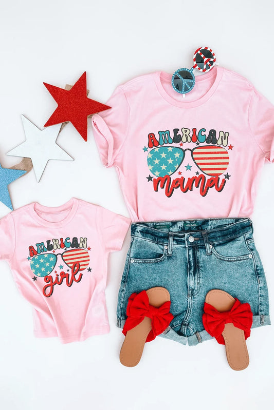 Pink American Girl Sunglass Print Short Sleeve Girl's Graphic Tee Pink 95%Cotton+5%Elastane Family T-shirts JT's Designer Fashion