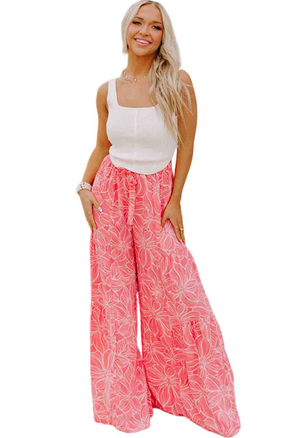 Pink Bohemian Floral Print Wide Leg Pants Bottoms JT's Designer Fashion