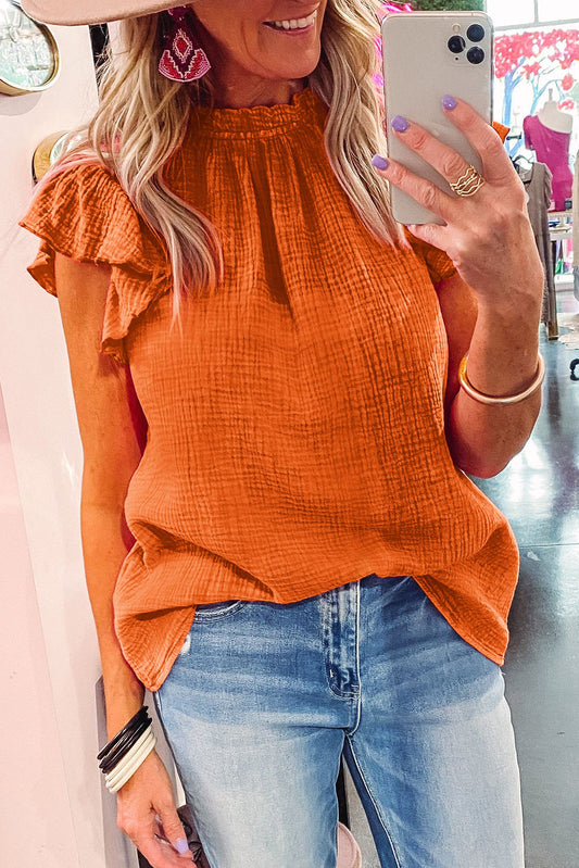 Orange Flutter Sleeve Frilled Neck Textured Blouse Blouses & Shirts JT's Designer Fashion