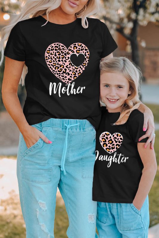 Black Leopard Heart Daughter Graphic Tee Black 95%Polyester+5%Elastane Family T-shirts JT's Designer Fashion