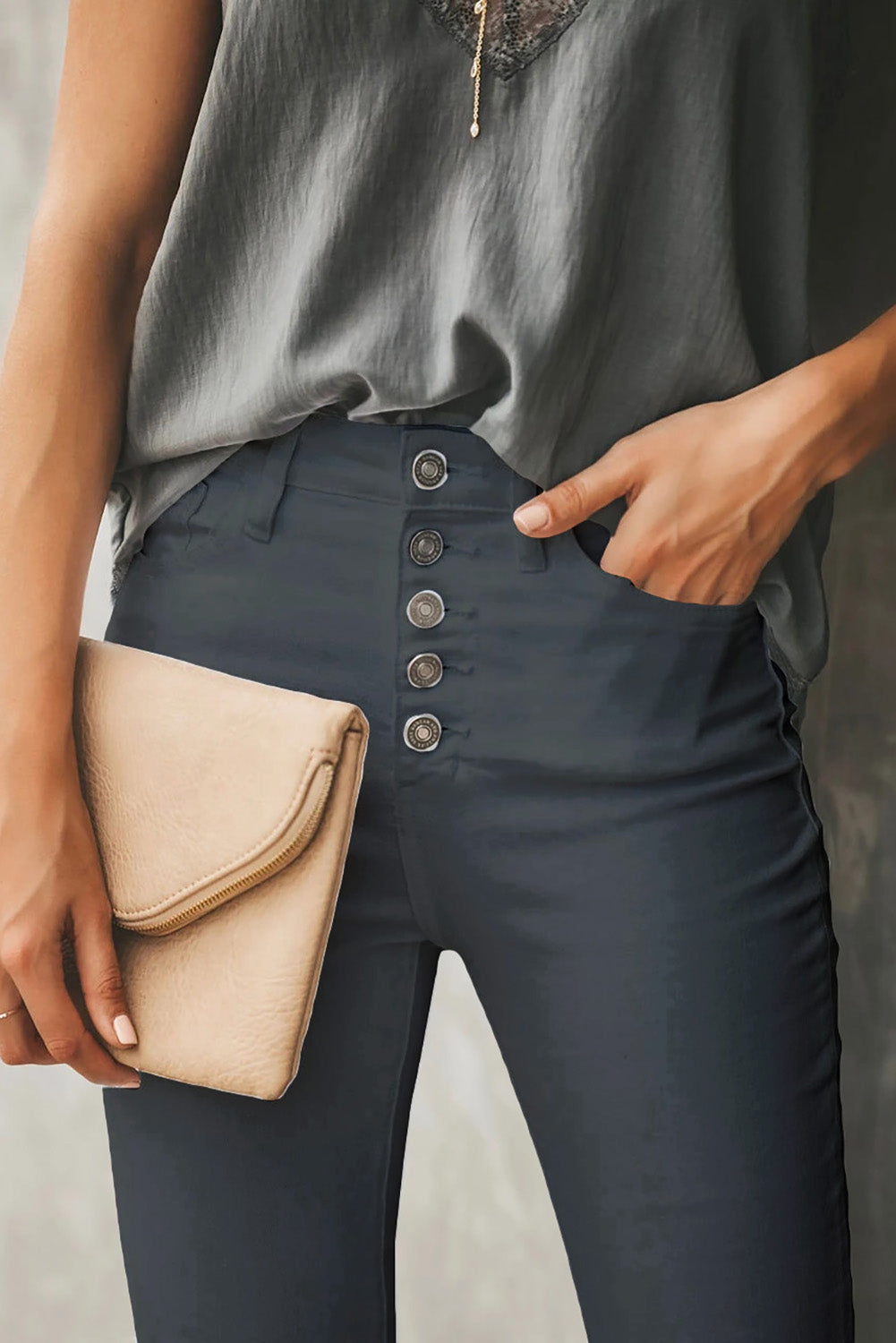 Gray Plain High Waist Buttons Frayed Cropped Denim Jeans Jeans JT's Designer Fashion