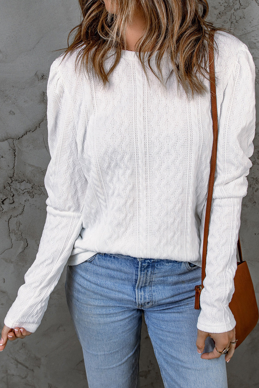 White Solid Color Puffy Sleeve Textured Knit Top Long Sleeve Tops JT's Designer Fashion