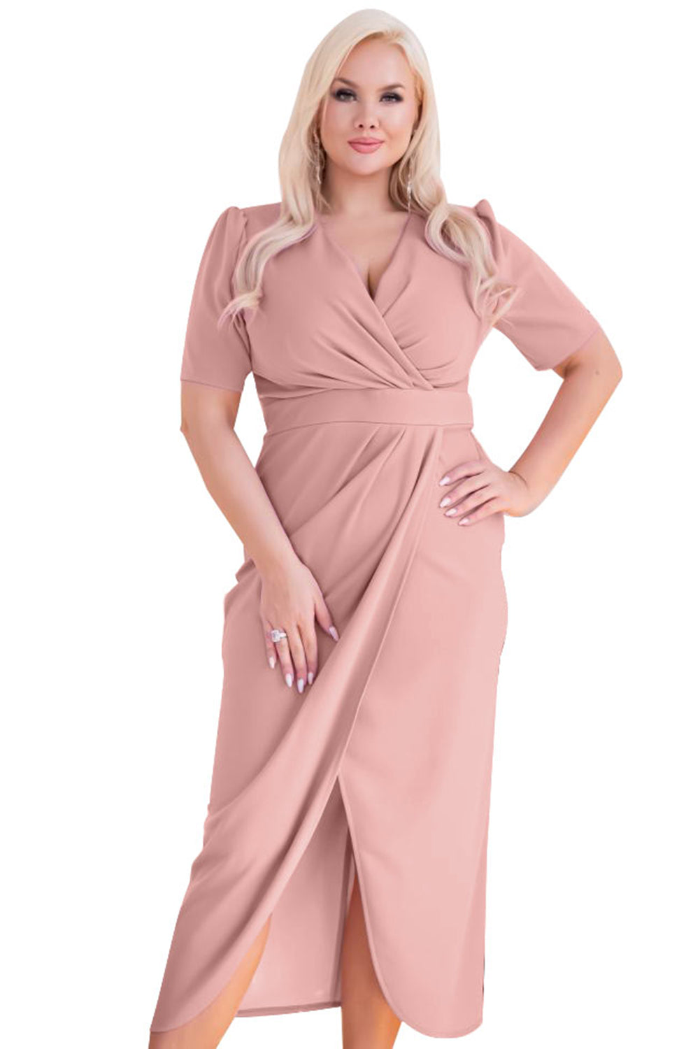 Pink Plus Size Wrap V Neck Slit Hem Midi Dress Plus Size Dresses JT's Designer Fashion