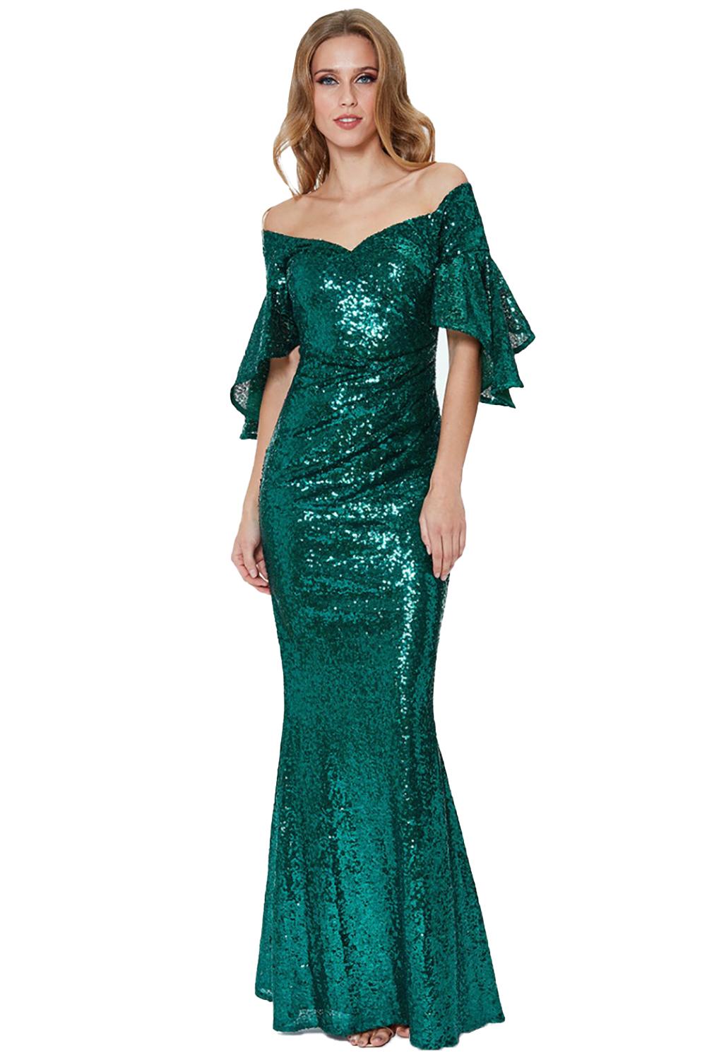 Green Off The Shoulder Sequined Maxi Dress Green 95%Polyester+5%Spandex Sequin Dresses JT's Designer Fashion