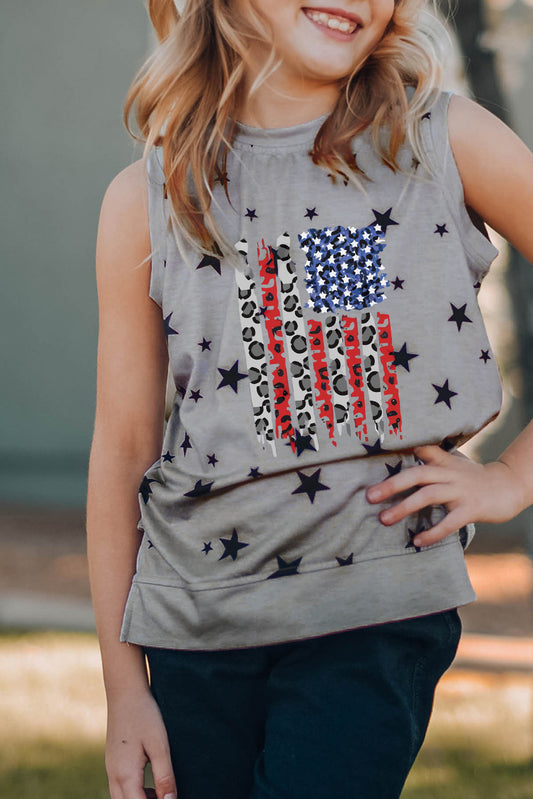 Gray Family Matching Girl's American Flag Star Print Graphic Tank Top Gray 95%Polyester+5%Spandex Family T-shirts JT's Designer Fashion