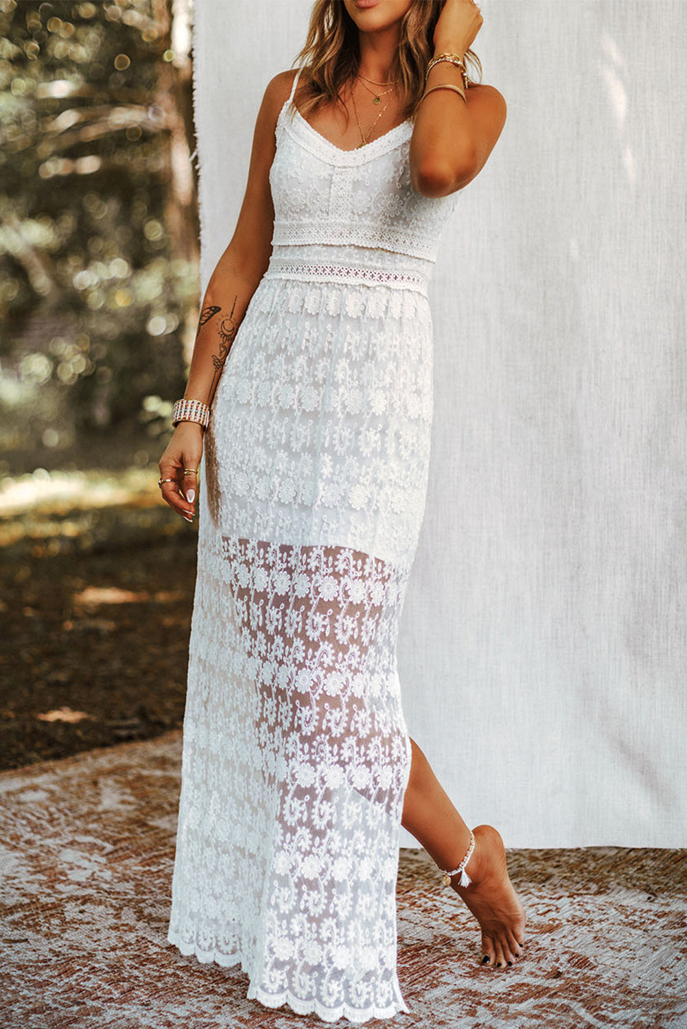 White Spaghetti Straps Lace Lined Maxi Dress with Slits White 95%Polyester+5%Elastane Evening Dresses JT's Designer Fashion