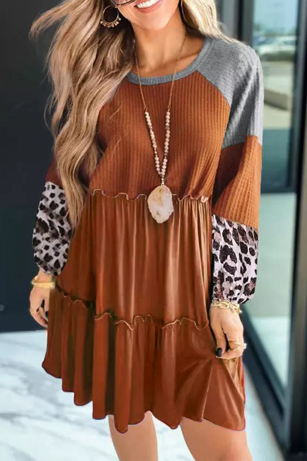 Brown Waffle Knit Leopard Patchwork Long Sleeve Dress Mini Dresses JT's Designer Fashion