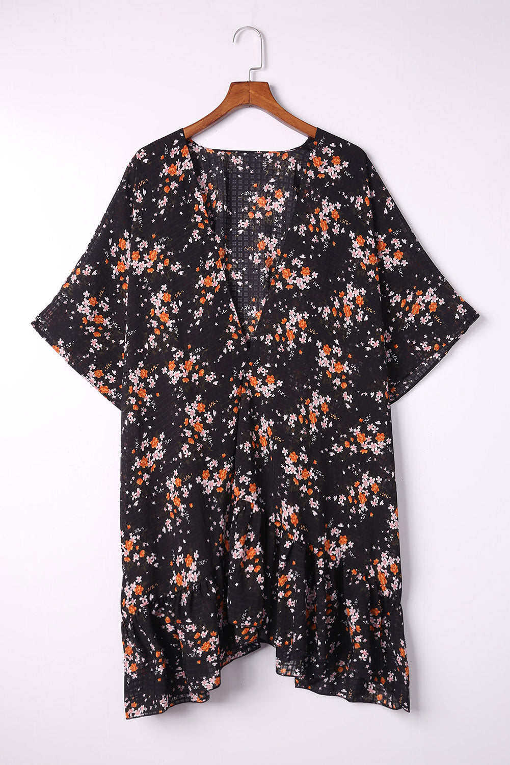 Black Dainty Floral Print Flowy Kimono Kimonos JT's Designer Fashion