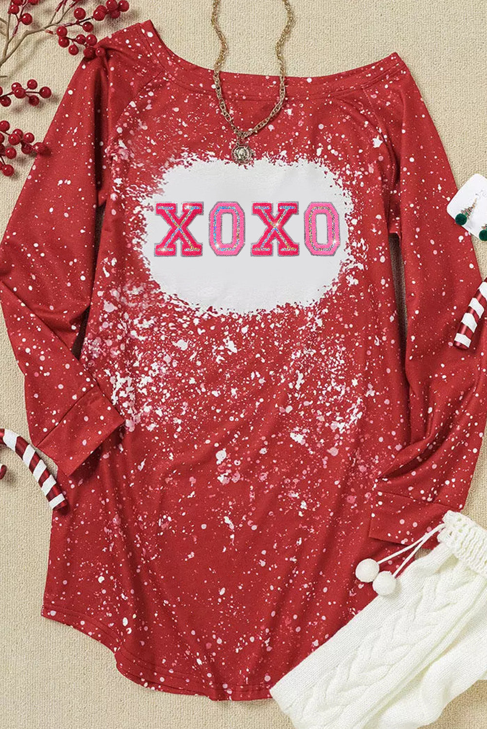 Red XOXO Tie Dye Embroidered Sequin Shift Mini Dress Graphic Dresses JT's Designer Fashion