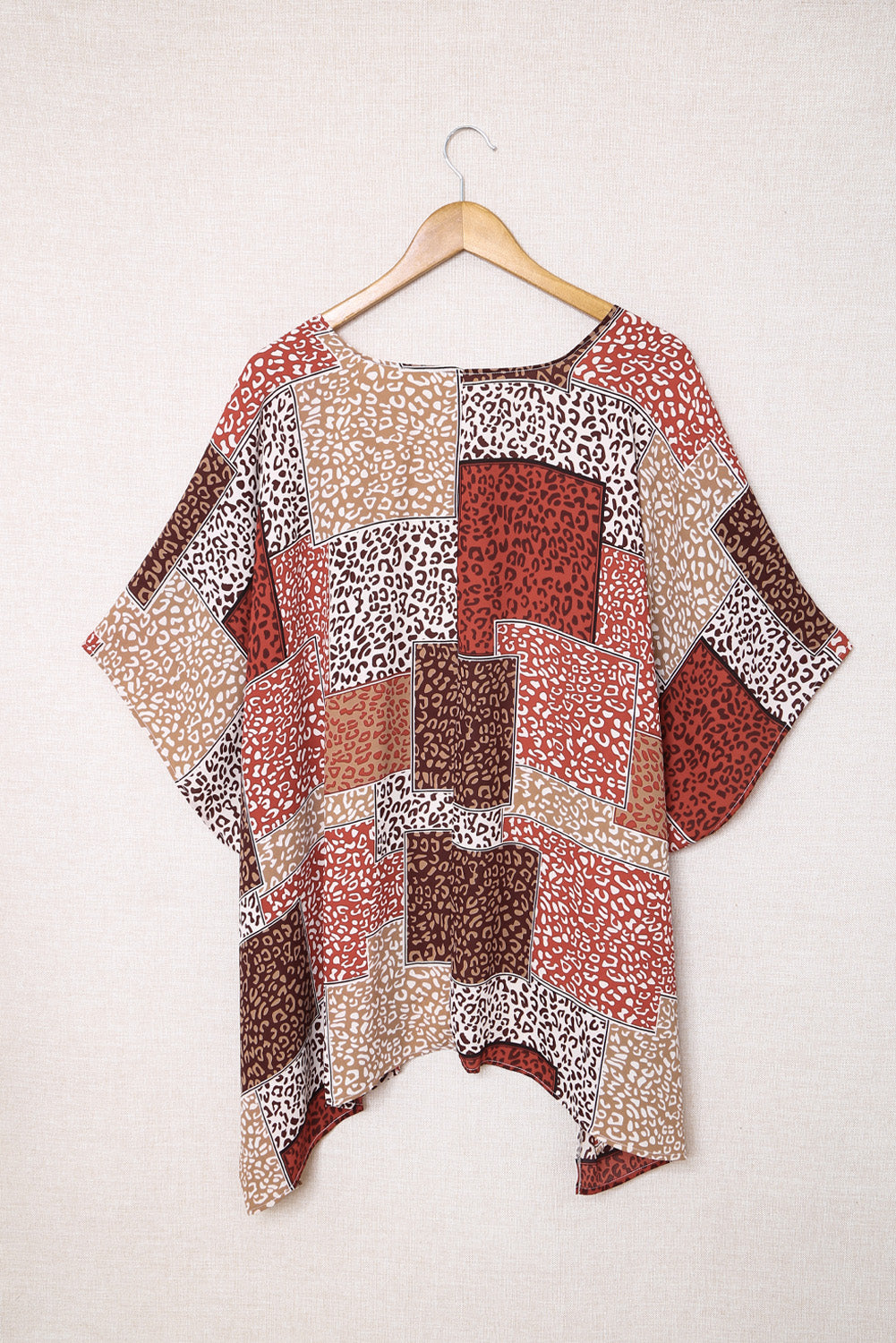 Red Leopard Color Block Open Front Kimono Kimonos JT's Designer Fashion