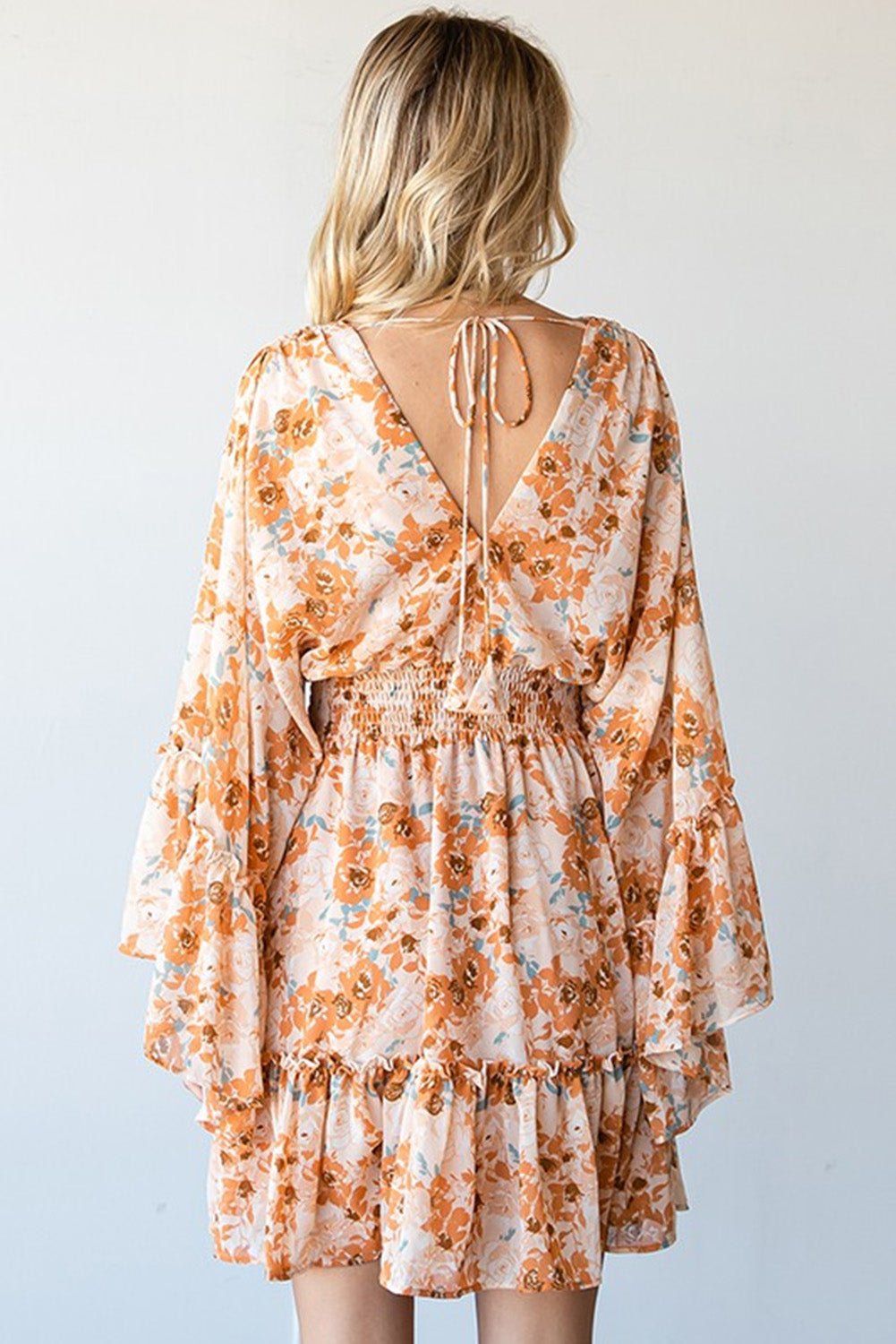 Orange Floral V Neck Smocked Waist Wide Sleeve Dress Dresses JT's Designer Fashion