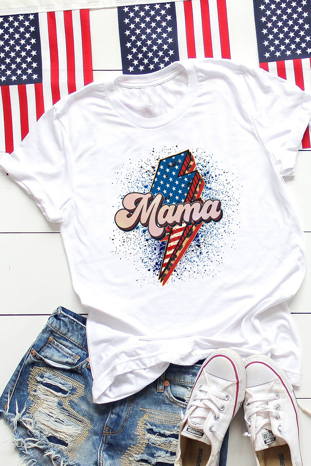 White American Flag Mama Lightning Print Short Sleeve T Shirt White 95%Cotton+5%Elastane Family T-shirts JT's Designer Fashion