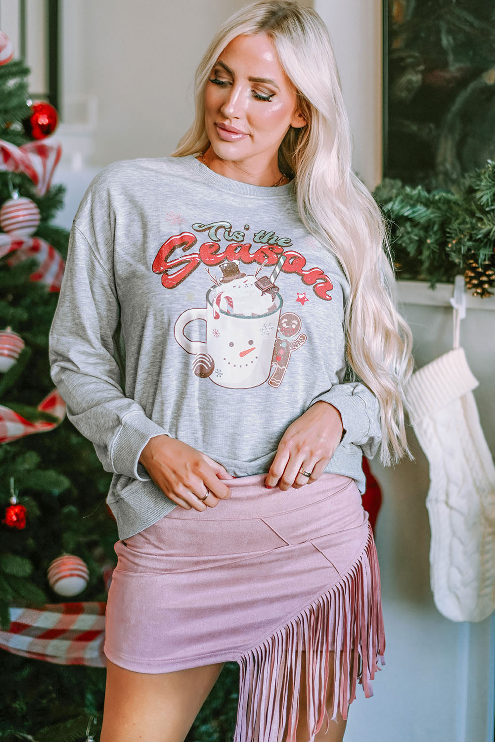 Gray Tis The Season Graphic Christmas Fashion Sweatshirt Graphic Sweatshirts JT's Designer Fashion