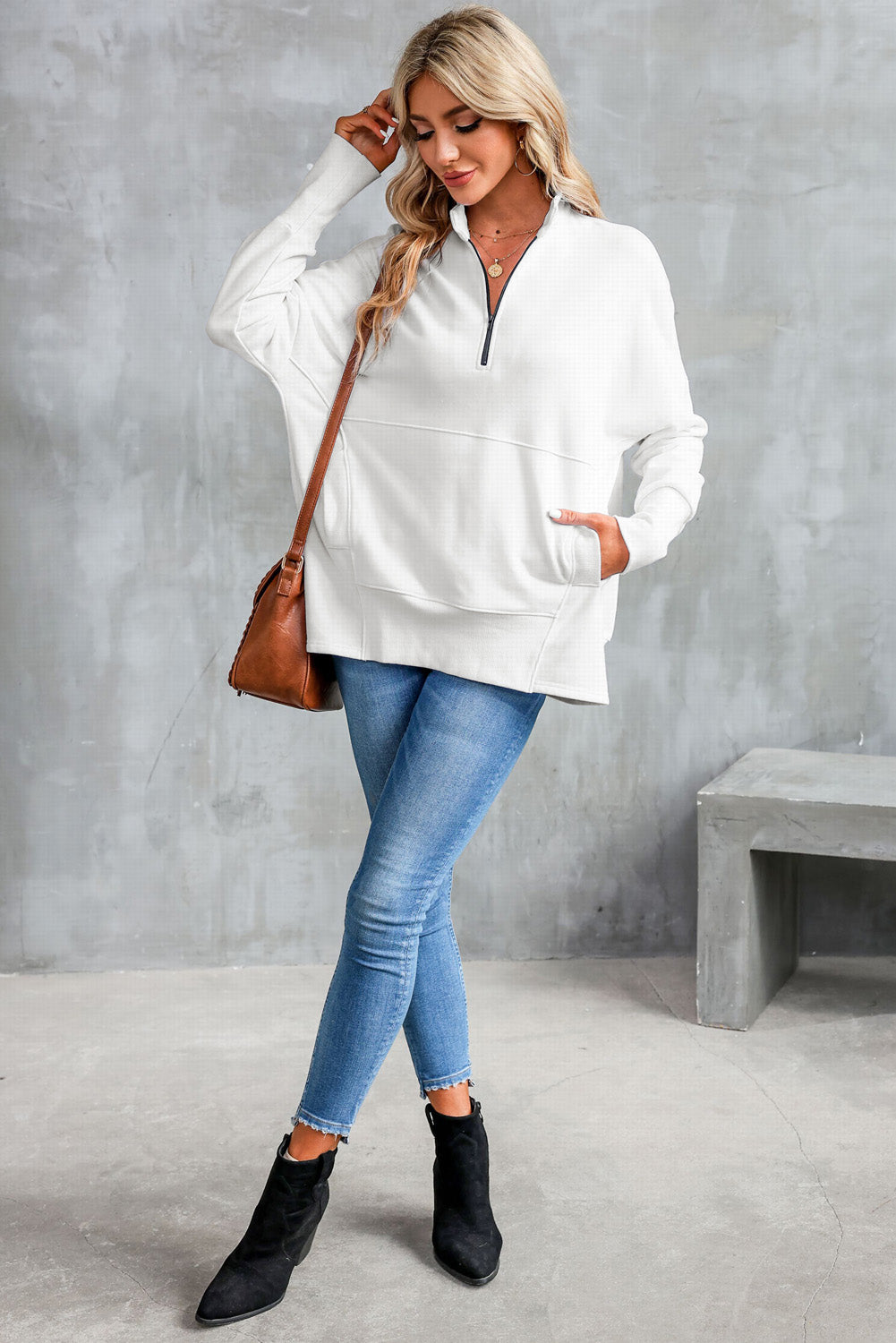 White Oversized Quarter-Zip Pullover Sweatshirt Pre Order Sweatshirts & Hoodies JT's Designer Fashion