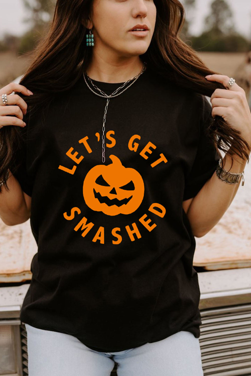 Black LET'S GET SMASHED Halloween Pumpkin Face Graphic Tee Black Graphic Tees JT's Designer Fashion