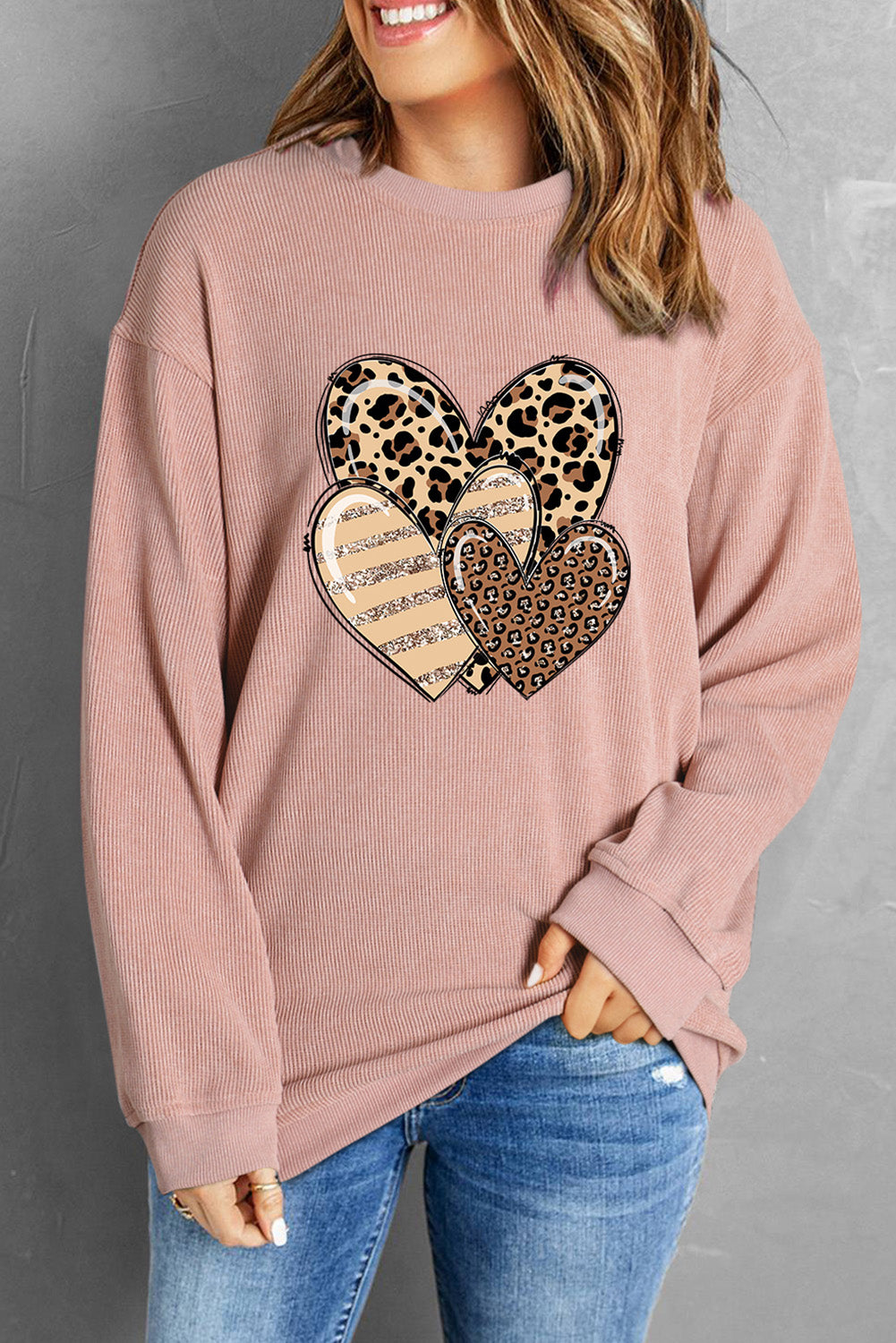 Pink Leopard Heart Shape Corded Loose Fit Sweatshirt Graphic Sweatshirts JT's Designer Fashion